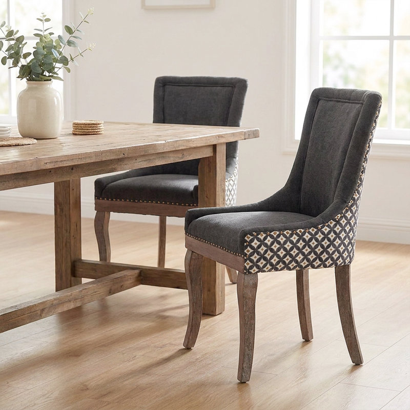 Chic Mid-Century Dining Chair Set(Set Of 2) - High Back Support, Solid Wood Frame, Bronze Accents, Black