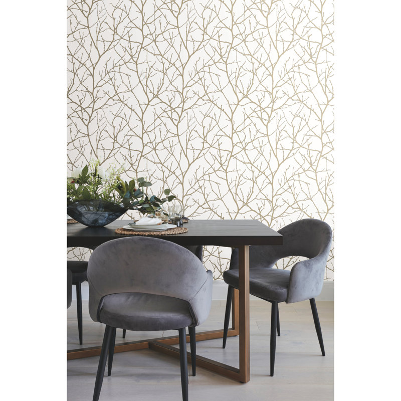 Trees Silhouette Floral Metallic Wallpaper Roll, White/Gold