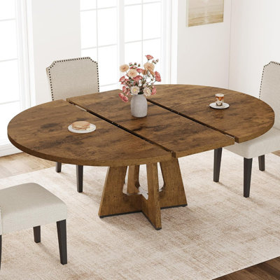 Extendable Round Dining Table 47"-63" for 4-8, Space-Saving Oval Farmhouse Table with Storage Caddy, Durable MDF
