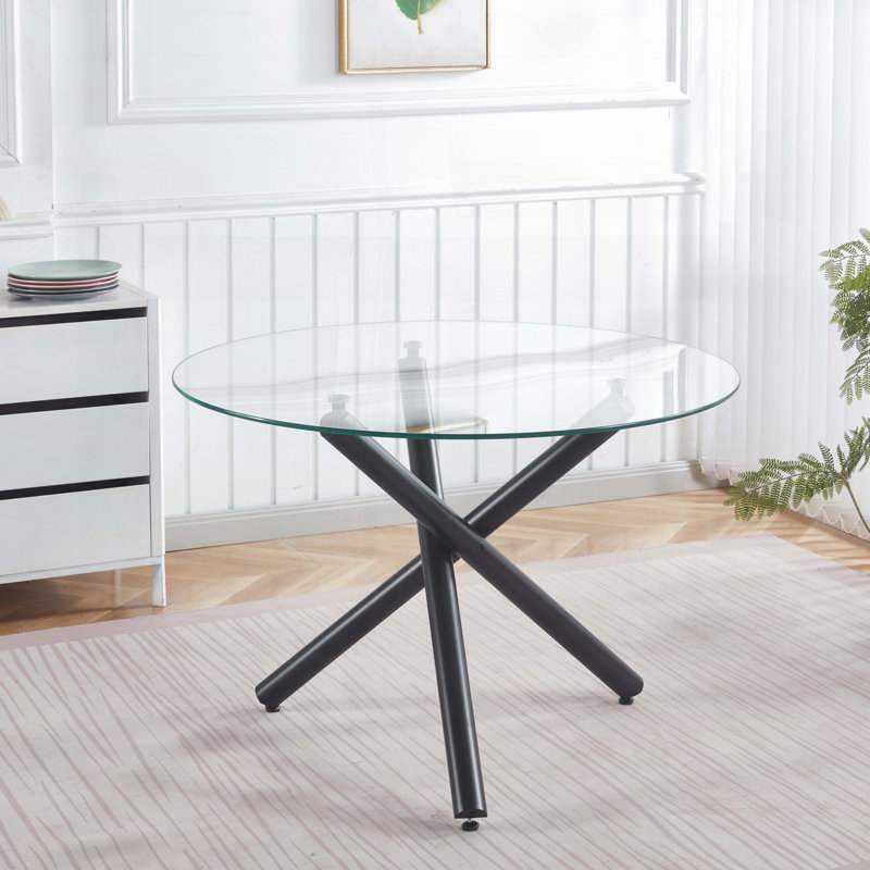 Table de salle à manger noire avec plateau en verre et pieds en métal - 43,3 po x 43,3 po x 29,5 po, Noir