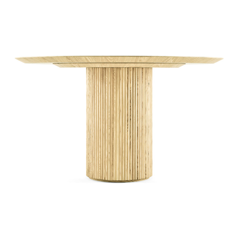 Table de salle à manger ronde dans des tons de frêne naturel, motifs linéaires subtils, base solide cannelée, matériaux non-résistants au feu, 49,68 dimensions, poids de 203,61 lb, assemblage requis avec surfaces courbes, finition