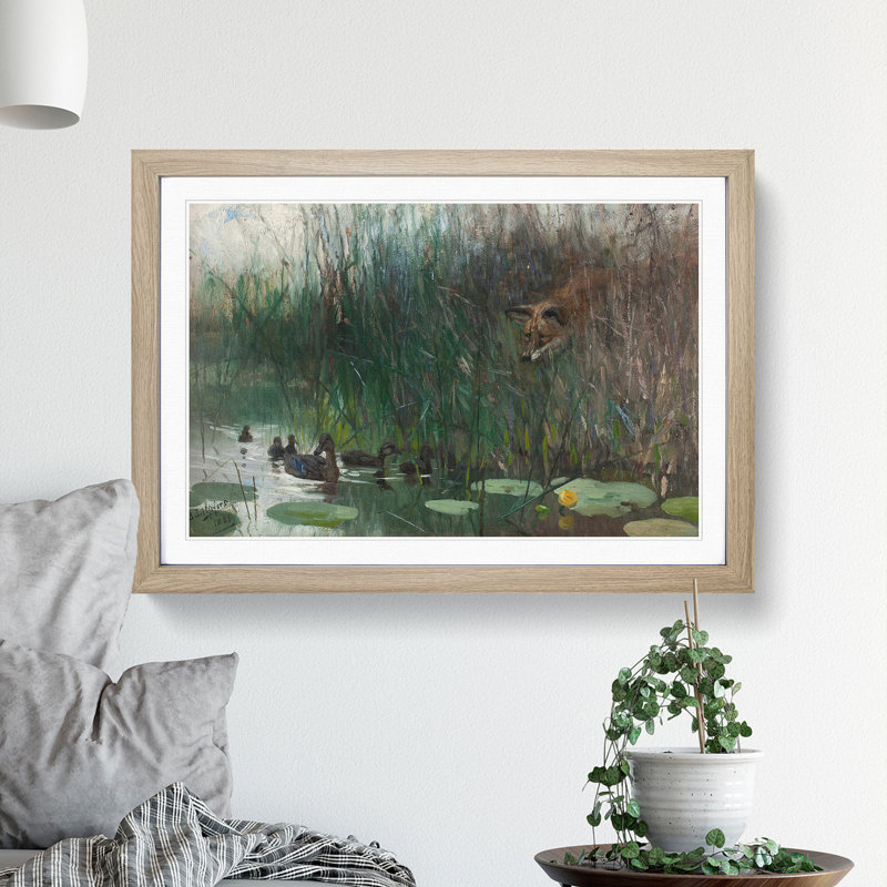 Fox Stalking Ducks by Bruno Liljefors - Picture Frame Painting, Oak Framed, 36cm H x 48cm W x 2cm D