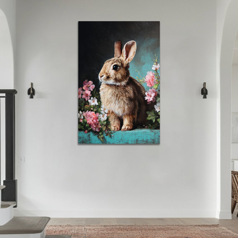  Art mural sur toile de lapin - Printemps et Pâques, décoration murale avec thème de lapin et de fleurs pour la décoration intérieure, reproduction sur toile tendue avec châssis, 24 po x 32 po