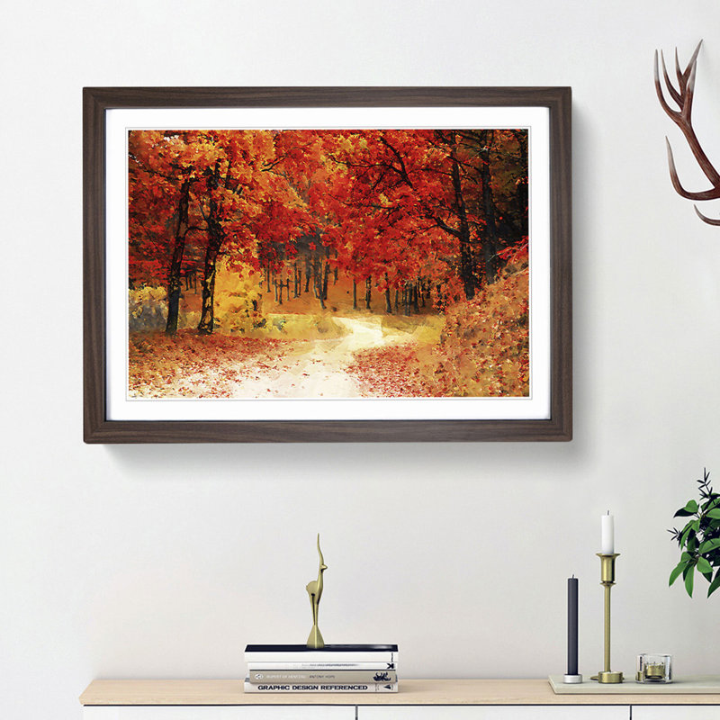 Path Through the Forest at Autumn in Abstract - Picture Frame Painting Print, 27cm H x 36cm W x 2cm D, Walnut Framed