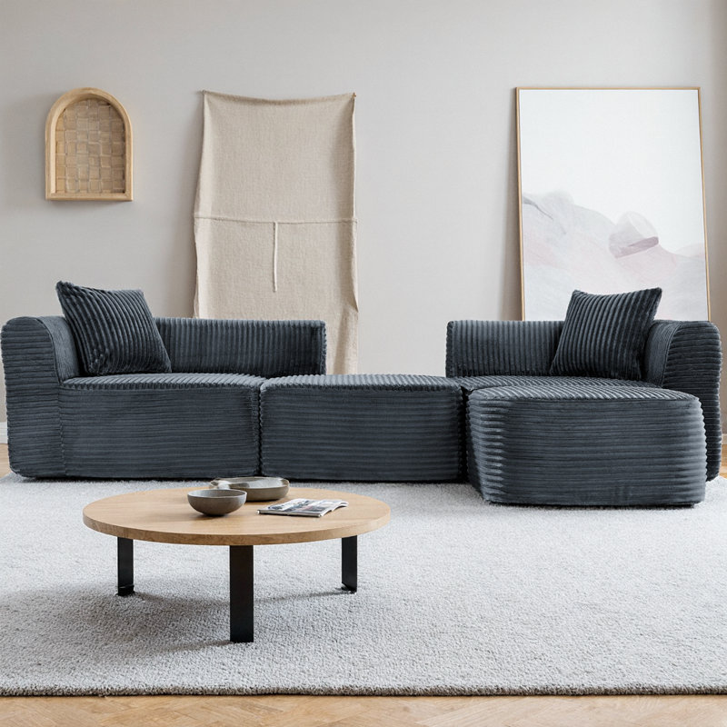 Canapé modulaire Boneless de 114 po avec méridienne et repose-pieds L, Velours côtelé gris