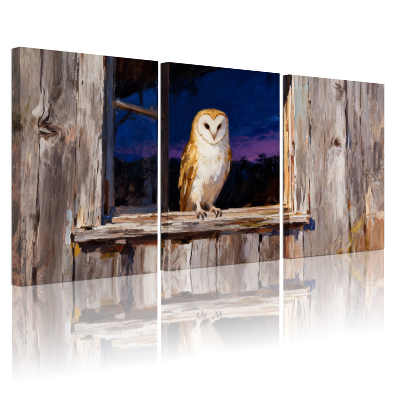 Oiseaux hiboux perchés sur un cadre de fenêtre la nuit, ensemble de 3 impressions sur toile, H 18 po x l 36 po