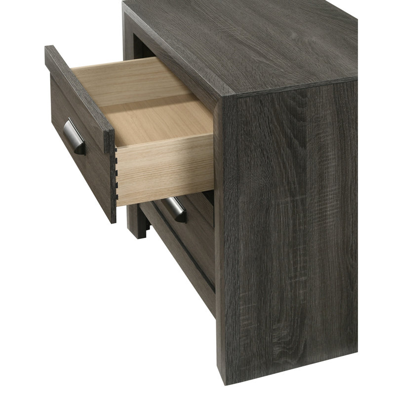 Table de chevet à deux tiroirs à finition rustique grise, poignée en métal, décoration de chambre à coucher contemporaine en bois - configuration de tiroir