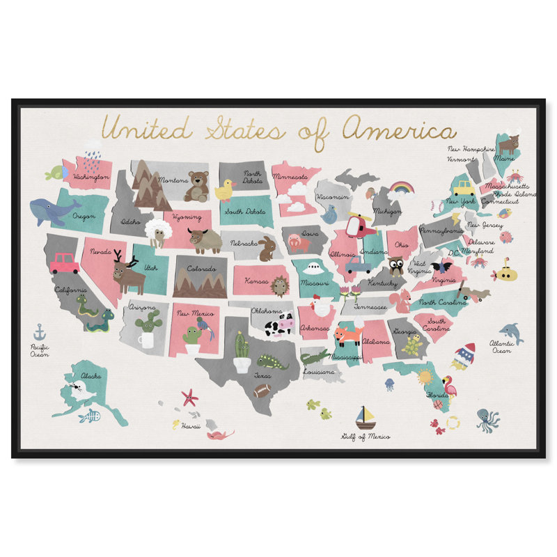 Cartes et drapeaux Aeliana «Fun Pastel Map American Country», reproduction d'art sur toile, H 10 po x l 15 po x 1,5 po
