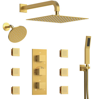 Thermostatic Dual Showerheads System, Wall Mount 12" High-Pressure Rainfall Shower Faucet with Handheld Spray and Body Jet
