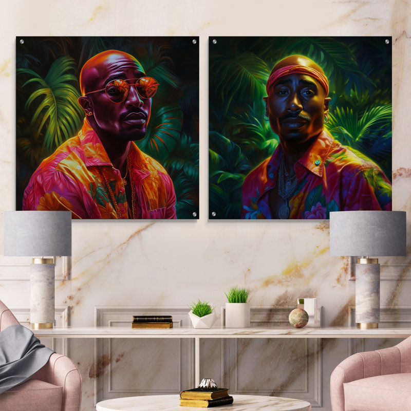 2Pac Miami Vibes I - Ensemble d'art mural en verre acrylique pour homme 2 pièces, H 36 po x l 73 po
