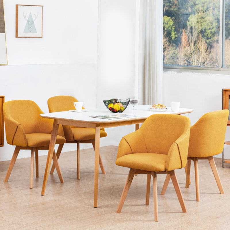Yellow Linen Upholstered Swivel Dining Chairs with Beech Wood Legs, Set of 2