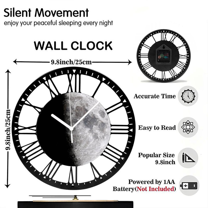 Horloge murale ronde en fer 10 po avec mouvement à quartz silencieux, chiffres romains, impression UV, Gibbus décroissant