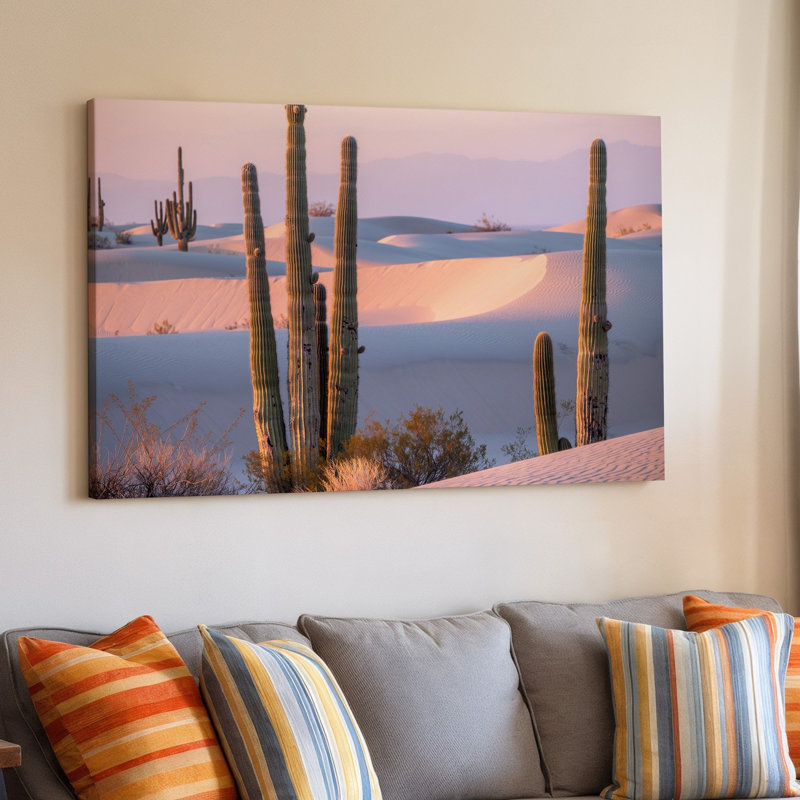Toile, "Un paysage serein du désert à l'aube" avec de grands cactus élancés avec des textures nervurées complexes