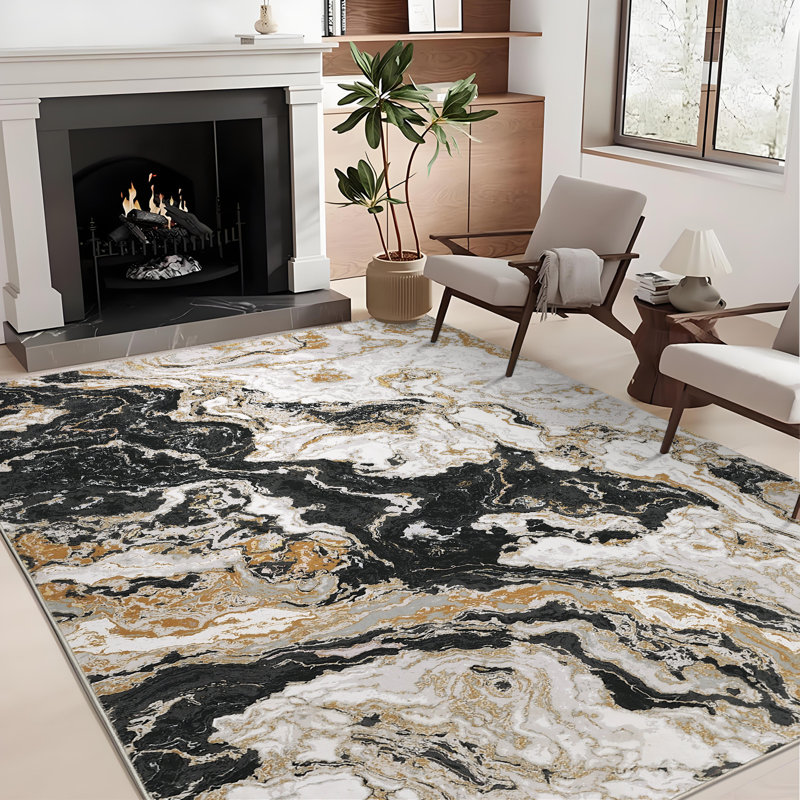 4x6 Black Area Rug, Abstract Marble Accent Rug, Soft Luxury Carpet for High Traffic Areas, Washable Rugs for Living Room, Non Slip Home Decor Kitchen Rug