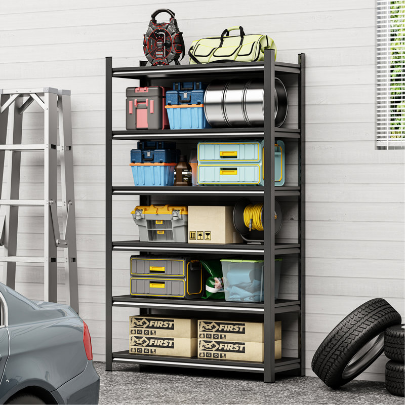 6 étages, en métal, à la maison, en grande surface, sur un support de rangement réglable, noir, rouille, garage à installation rapide, solution, tablettes, antirouille, noir