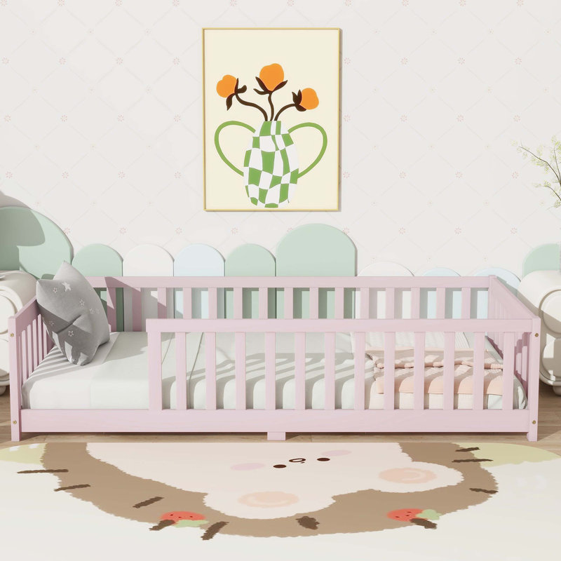 Pink Rubber Wood Watsons Floor Bed With Fence (No Door) And Safety Guardrails, Pink