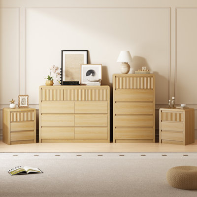4 Pieces Bedroom Set, 9 Fluted Drawer Dresser,5 Dresser of Chest and 2 Nightstands with Drawers,Anti-tipping Devices