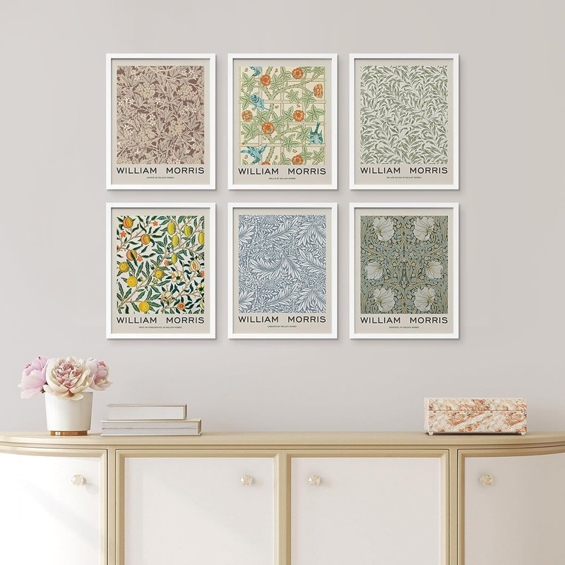 Fleurs abstraites abstraites encadrées sur papier, 6 pièces par William Morris, H 10 po x l 8 po x P 1 po, Blanc