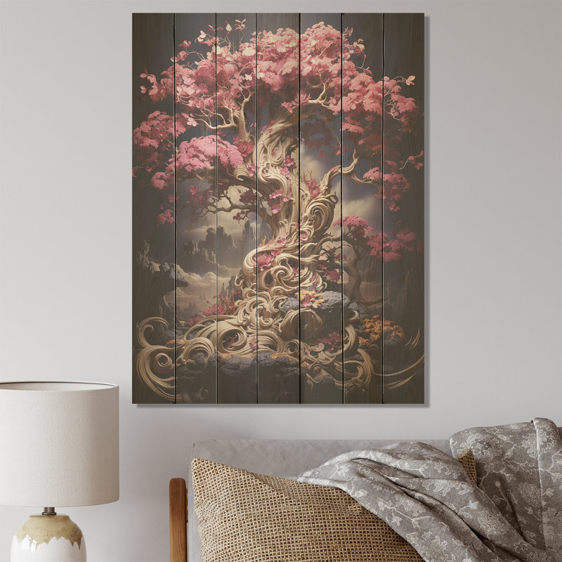 Orchidée rose dorée, jardin de branches II - fleur de cerisier sur bois, H 20 po x l 10 po