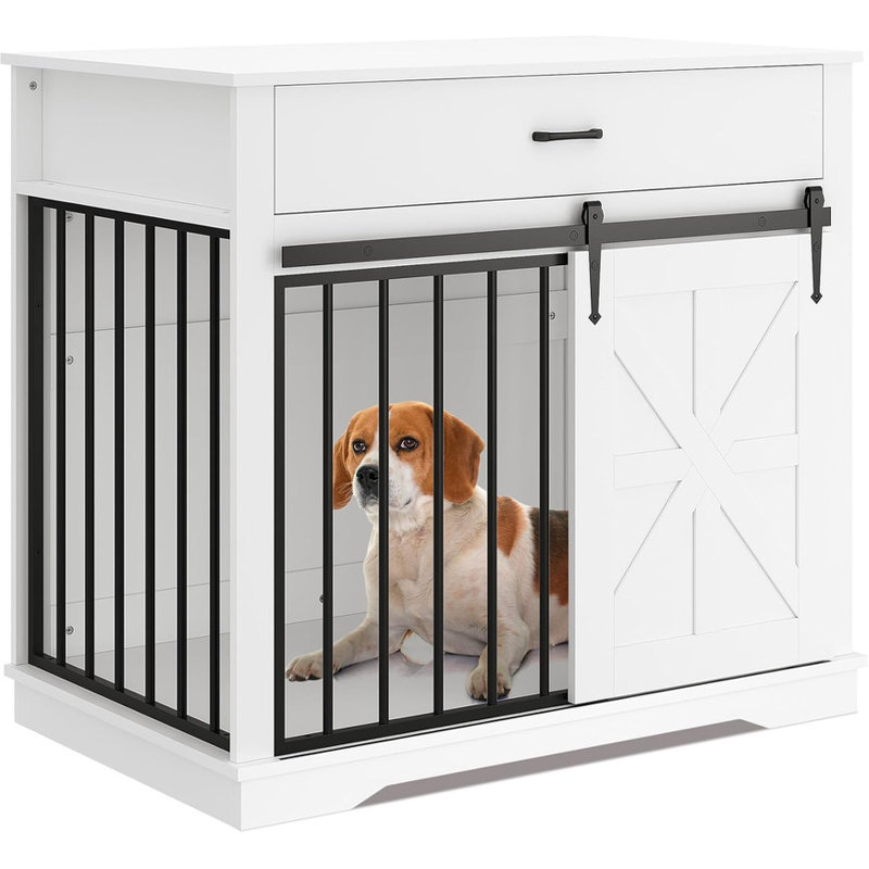 Meuble pour cage de chien 37,8 po avec tiroir de rangement, table de chenil et porte de grange coulissante, Blanc