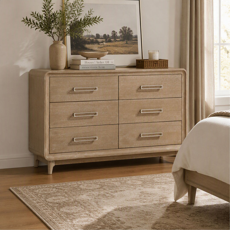 Commode à 6 tiroirs au fini naturel et au design moderne, meuble de rangement élégant pour la chambre et l'organisation de la maison
