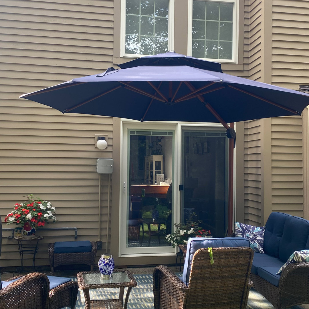 Epperly 11/12 FT Round Wood Pattern Cantilever Umbrella with Base Freeport Park® Fabric