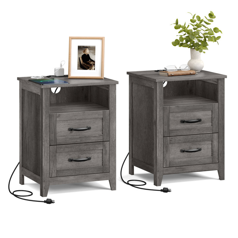 Allenside 18" W Nightstand With Charging Station, Misty Gray, Set of 2