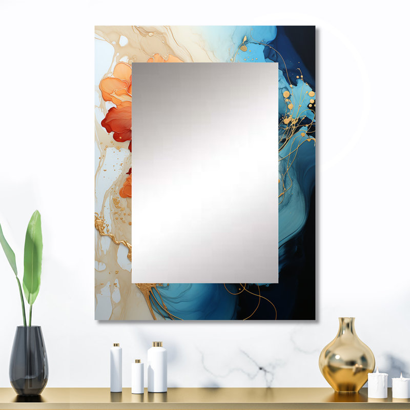 Fractale abstraite orange sarcelle - miroir décoratif de fractales, miroir mural moderne, impression d'art en métal