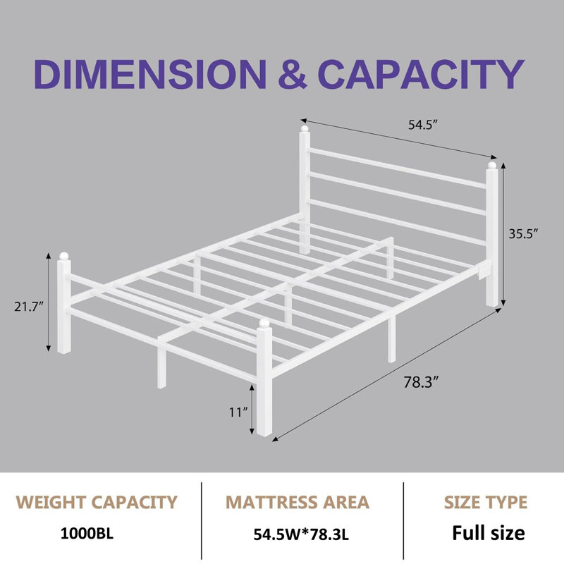 Bed Frame With Headboard And Footboard,heavy Duty Steel Slats Support Metal Bed Frame With Charging Station,, Full, White