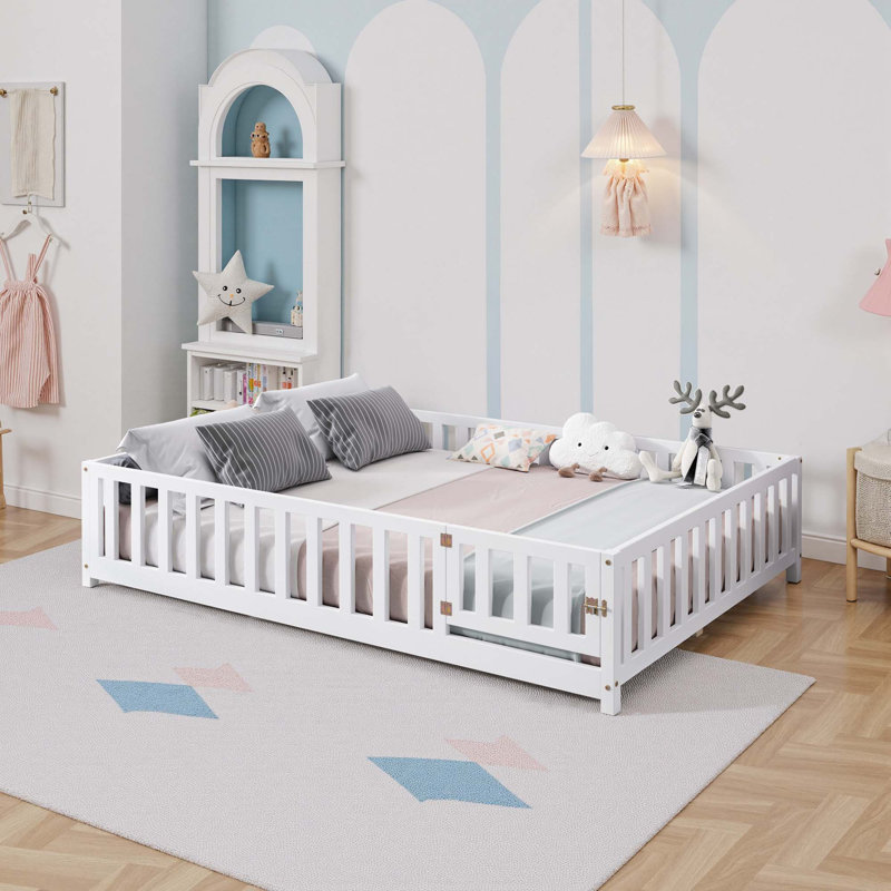 Full Size Floor Platform Bed With Fence And Door For Kids, White