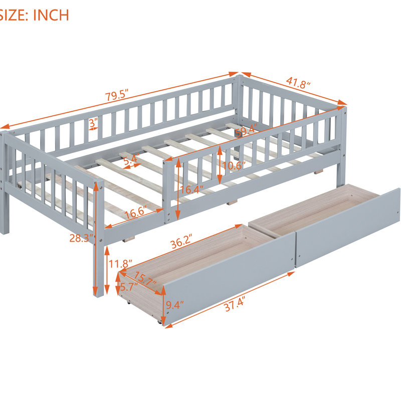 Twin Daybed Wood Bed With Two Drawers, Gray - Framework & Space Maximization Solution Construction, Gray, Twin