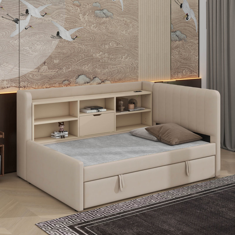 Lit de jour simple rembourré avec lit gigogne, tablettes de rangement, port USB et prise de courant, Beige