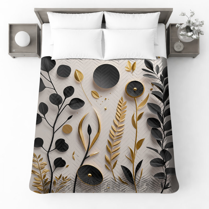 Couvre-lit matelassé à feuilles noires et dorées toutes tailles, Très grand lit