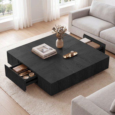 39.4 Inch Solid Wood Square Coffee Table With 2 Drawers, Handcrafted Fluted Design