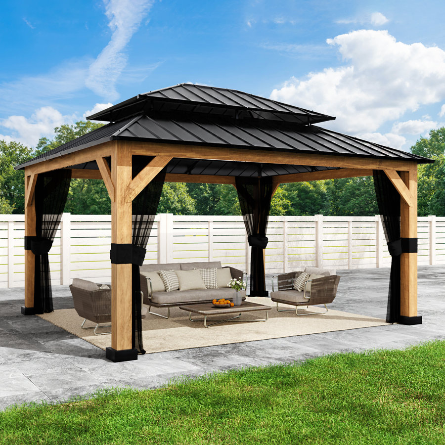 13 Ft. W X 11 Ft. D Solid Wood Outdoor Hard Top Patio Gazebo With Mosquito Netting