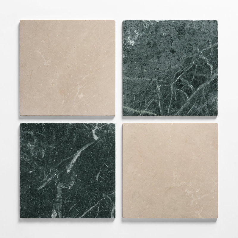 Avanti 12 in. x 12 in. Tumbled Marble Checkerboard 12 in. x 12 in. Polished Marble Tile, Verde and Crema