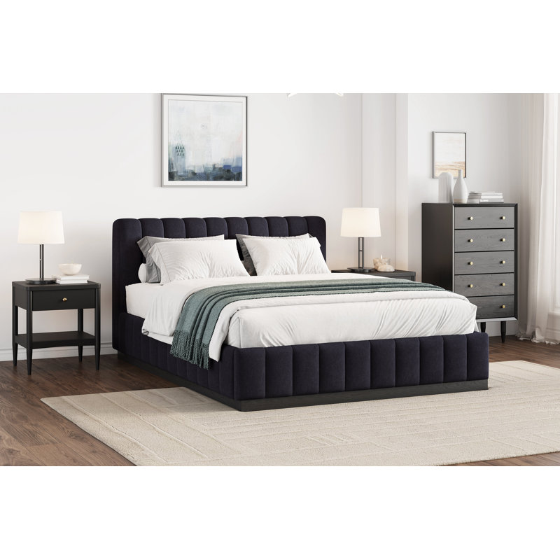 Grand lit en velours Dendy, bleu marine