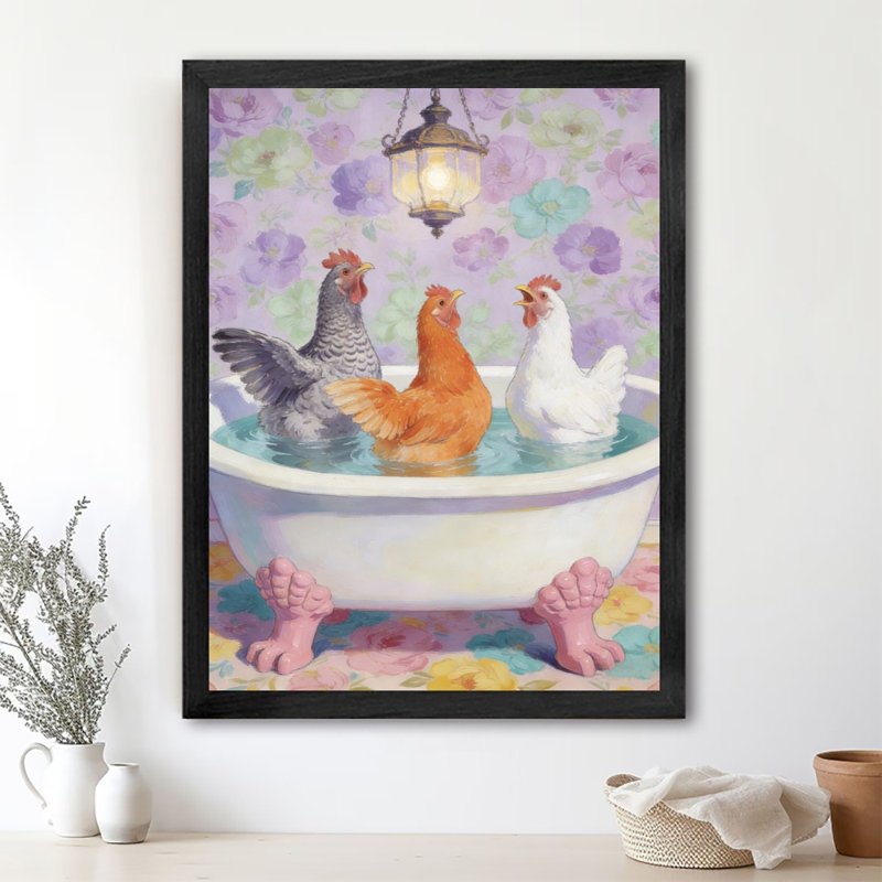 Reproduction d'art encadré noir avec poulets rétro qui trempent dans la baignoire, H 25 po x l 17 po