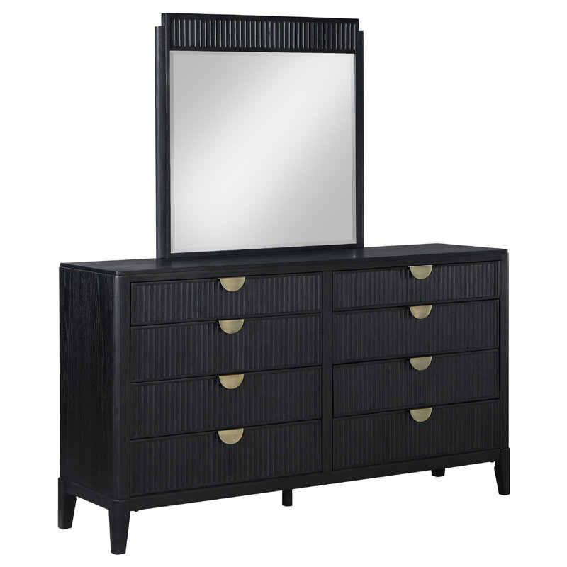 Commode large Jack avec miroir, 8 tiroirs, structure en bois noir