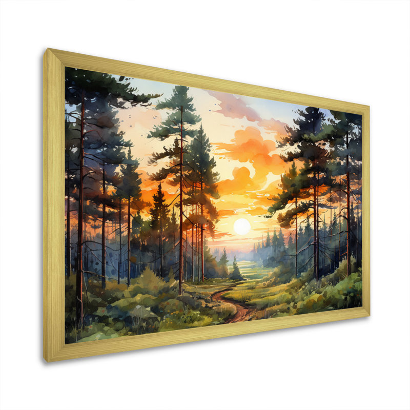 «Pine Tree Sunset Glow I», art encadré pin, Cadre doré simple, H 12 po x l 20 po x P 1 po