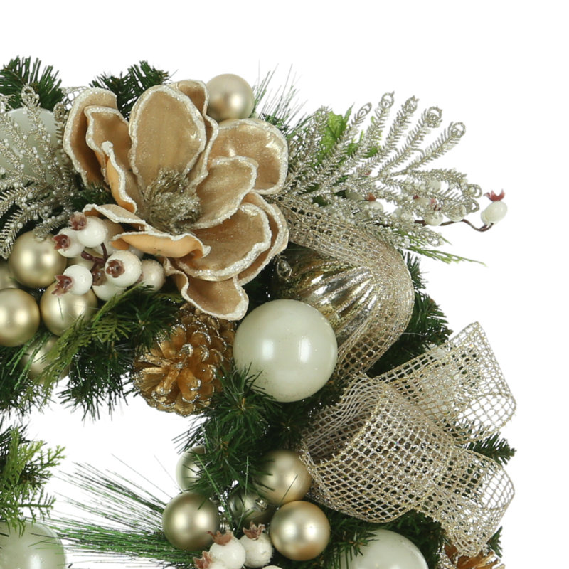 26" Wreath With Magnolias, Berry Picks And Decorative Balls