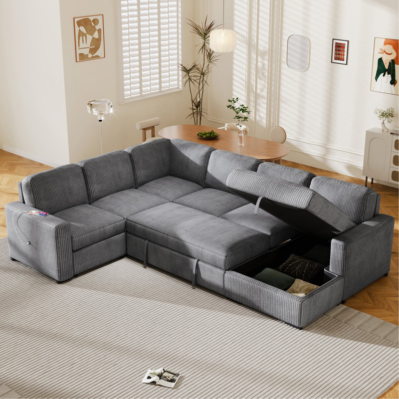 Canapé d'angle en U en velours côtelé avec méridienne de rangement, canapé surdimensionné à 6 places, avec des ports USB, convient au salon, au bureau et aux espaces spacieux