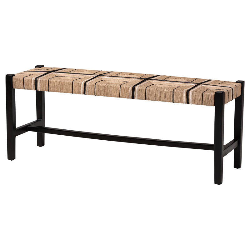Bali & Pari Prita Woven Paper Loom Bench With Mahogany Wood Frame - Handcrafted Accent Seating For Dining Room Or Entryway, Black