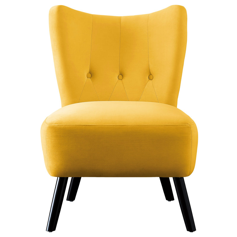 Chaise en velours jaune avec capitonnage à boutons et base en bois massif brun avec assise d'appoint, Jaune