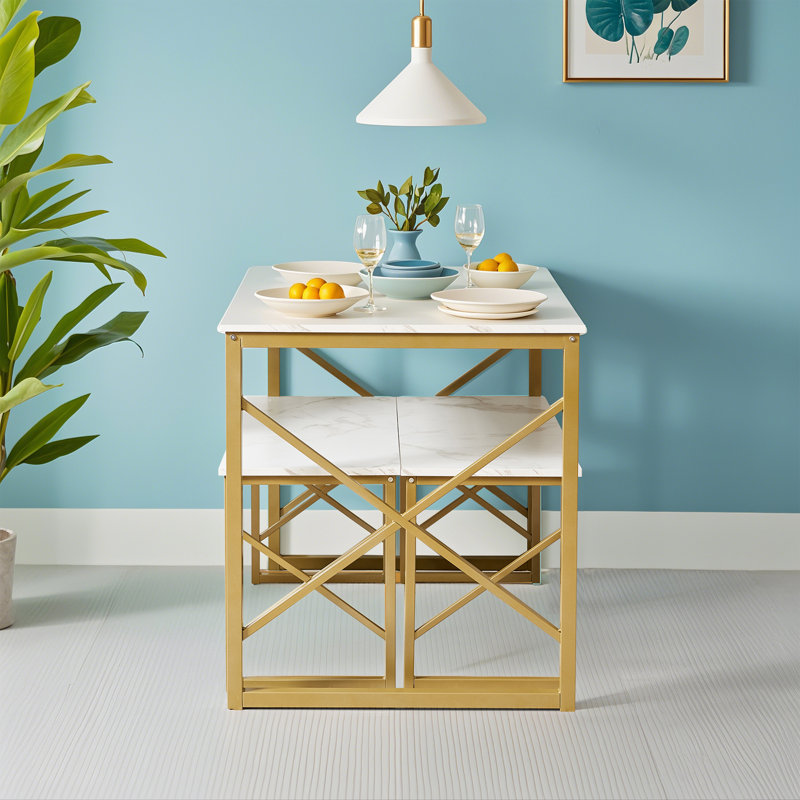 Aithan 3-Piece 43.3 Inch Gold Dining Table Set with Benches, Rustic Kitchen Table Set for Small Spaces, Modern Farmhouse Dining Set with Bench for Kitchen & Dining Room