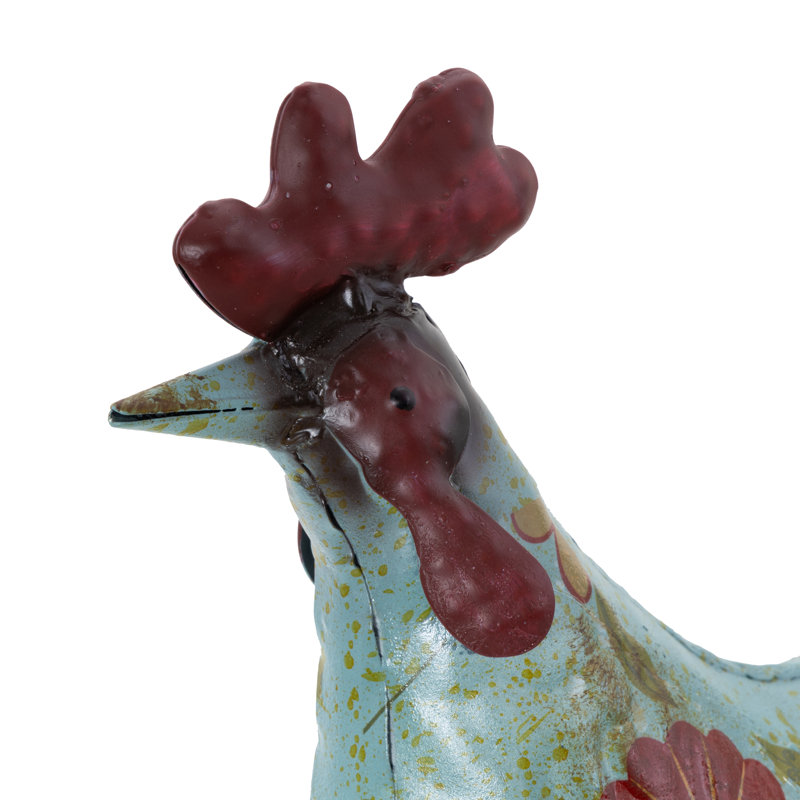 Statue de jardin en forme de coq en métal pour l'intérieur et l'extérieur avec pieds en U, Bleu