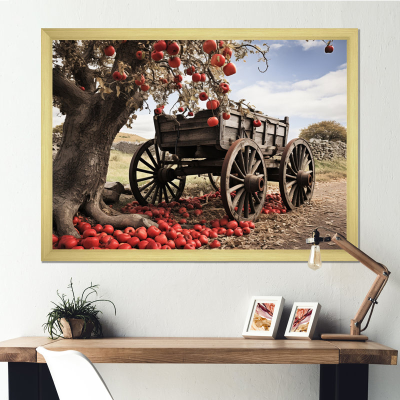 «Red Old Cart», icônes sur toile, Encadrement doré, H 24 po x l 32 po x P 1 po