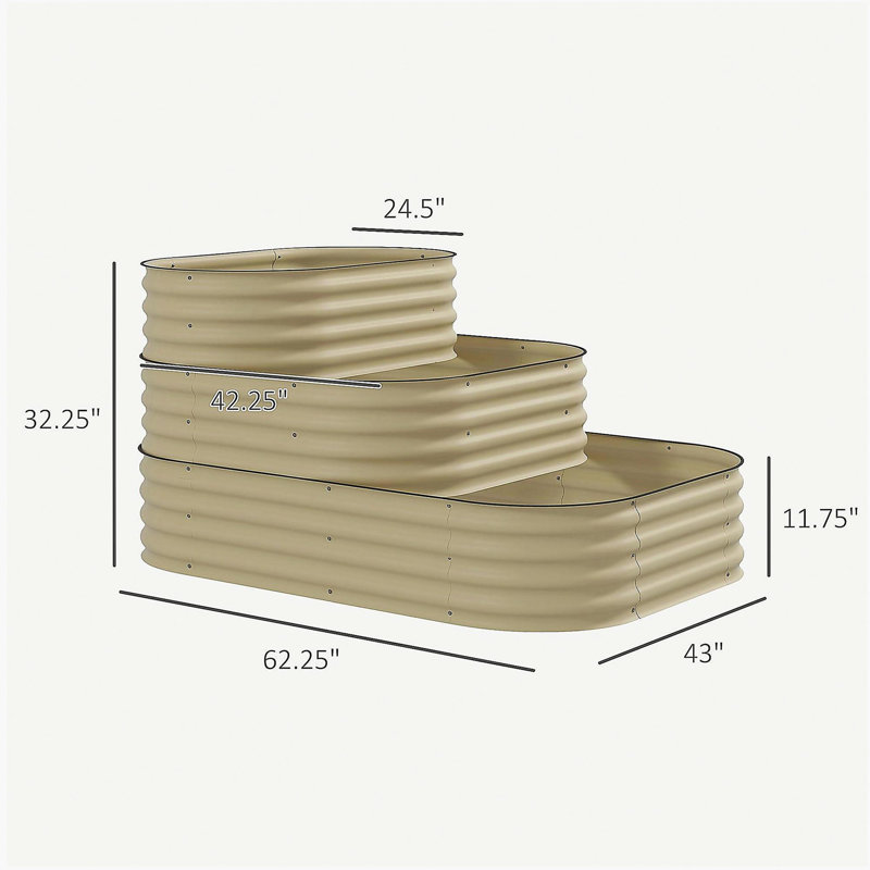 Outsunny 3-Tier Galvanized Steel Raised Garden Bed Kit, 62.25" x 43" x 32.25", 3 Combining Planter Boxes with Rubber Strip Edging, Open Bottom for Backyard, Garden, Patio, Cream White