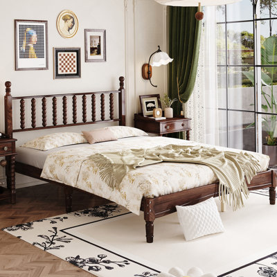 Grand lit plateforme en bois avec tête de lit en forme de gourde, lit plateforme de style rétro avec support en lattes de bois