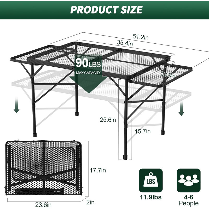 Table pliante avec 2 panneaux à oreilles, table de camping 3 x 2 pi avec bureau en filet